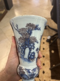 An extremely rare blue, white and manganese Dutch Delft chinoiserie beaker vase after a silver model, late 17th C.
