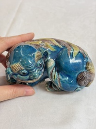 A pair of Chinese polychrome lions, a celadon-glazed goat, a yellow-glazed bowl and a sancai-glazed conical bowl, Chenghua mark, 19/20th C.