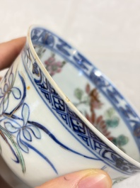 Three Chinese enamelled blue and white covered bowls on stands and a famille rose vase, Kangxi and Tongzhi mark, 19/20th C.
