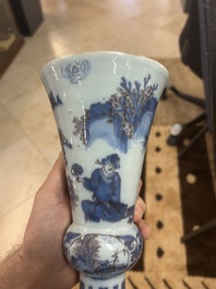 An extremely rare blue, white and manganese Dutch Delft chinoiserie beaker vase after a silver model, late 17th C.
