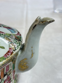 A Chinese Canton famille rose covered bottle vase and a teapot, 19th C.