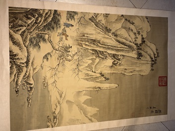 Chinese school: 'Peony' and 'Snowscape', ink and colour on paper and silk, signed Shao Chongwei 卲重威 and Xia Gui 夏珪, 20th C.
