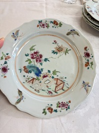 Eight Chinese famille rose plates with floral design and a 'Rooster' teapot, Yongzheng/Qianlong