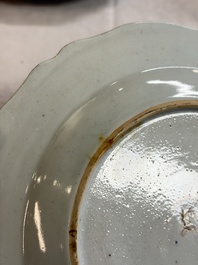Eight Chinese famille rose plates with floral design and a 'Rooster' teapot, Yongzheng/Qianlong