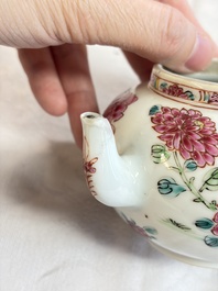 Eight Chinese famille rose plates with floral design and a 'Rooster' teapot, Yongzheng/Qianlong