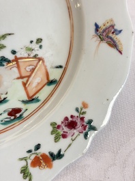 Eight Chinese famille rose plates with floral design and a 'Rooster' teapot, Yongzheng/Qianlong