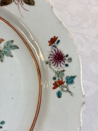 Eight Chinese famille rose plates with floral design and a 'Rooster' teapot, Yongzheng/Qianlong