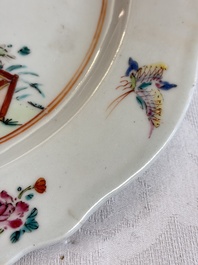 Eight Chinese famille rose plates with floral design and a 'Rooster' teapot, Yongzheng/Qianlong