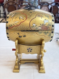 A Japanese Shibayama lacquer taiko drum-shaped casket on its original stand, Taisho, 19/20th C.