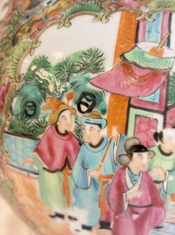 A Chinese Canton famille rose covered bottle vase and a teapot, 19th C.