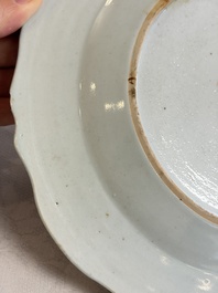 Eight Chinese famille rose plates with floral design and a 'Rooster' teapot, Yongzheng/Qianlong