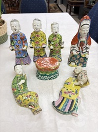 Six Chinese famille rose figures, one with a 'Lotus Throne' stand, 19th C.