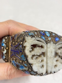 A Chinese jade-inset enamelled silver 'Butterfly' bracelet, 20th C.