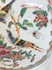 A Chinese Canton famille rose covered bottle vase and a teapot, 19th C.