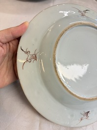Eight Chinese famille rose plates with floral design and a 'Rooster' teapot, Yongzheng/Qianlong