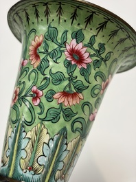 A Chinese Canton enamel green-ground three-piece altar set, 19th C.