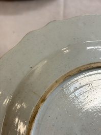 Eight Chinese famille rose plates with floral design and a 'Rooster' teapot, Yongzheng/Qianlong