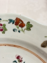 Eight Chinese famille rose plates with floral design and a 'Rooster' teapot, Yongzheng/Qianlong