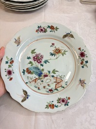 Eight Chinese famille rose plates with floral design and a 'Rooster' teapot, Yongzheng/Qianlong