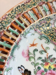 A Chinese Canton famille rose reticulated basket on stand and a gilt-bronze-mounted bowl, 19th C.
