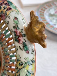 A Chinese Canton famille rose reticulated basket on stand and a gilt-bronze-mounted bowl, 19th C.