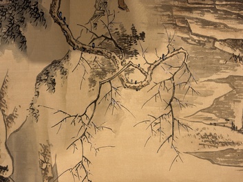 Chinese school: 'Peony' and 'Snowscape', ink and colour on paper and silk, signed Shao Chongwei 卲重威 and Xia Gui 夏珪, 20th C.