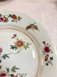 Eight Chinese famille rose plates with floral design and a 'Rooster' teapot, Yongzheng/Qianlong