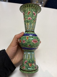 A Chinese Canton enamel green-ground three-piece altar set, 19th C.