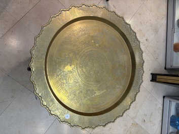 A Chinese brass and hongmu 'Yan Nian Yi Shou 延年益壽' folding table, 19/20th C.