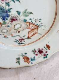 Eight Chinese famille rose plates with floral design and a 'Rooster' teapot, Yongzheng/Qianlong