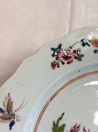 Eight Chinese famille rose plates with floral design and a 'Rooster' teapot, Yongzheng/Qianlong