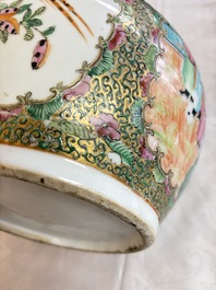 A Chinese Canton famille rose covered bottle vase and a teapot, 19th C.