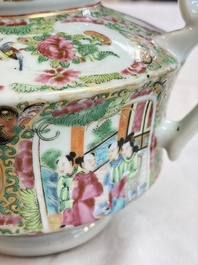 A Chinese Canton famille rose covered bottle vase and a teapot, 19th C.