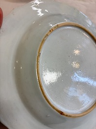 Eight Chinese famille rose plates with floral design and a 'Rooster' teapot, Yongzheng/Qianlong