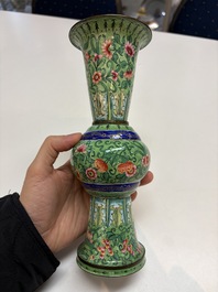 A Chinese Canton enamel green-ground three-piece altar set, 19th C.