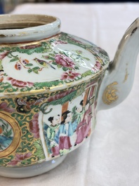 A Chinese Canton famille rose covered bottle vase and a teapot, 19th C.
