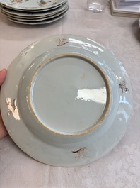 Eight Chinese famille rose plates with floral design and a 'Rooster' teapot, Yongzheng/Qianlong