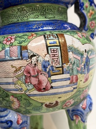 A Chinese Canton enamel green-ground three-piece altar set, 19th C.
