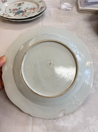 Eight Chinese famille rose plates with floral design and a 'Rooster' teapot, Yongzheng/Qianlong