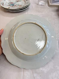 Eight Chinese famille rose plates with floral design and a 'Rooster' teapot, Yongzheng/Qianlong