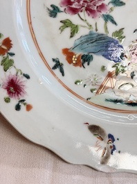 Eight Chinese famille rose plates with floral design and a 'Rooster' teapot, Yongzheng/Qianlong