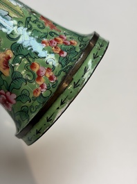 A Chinese Canton enamel green-ground three-piece altar set, 19th C.