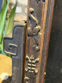 A Chinese lacquered wooden table screen with jade and cloisonn&eacute;, and a pair of wall panels embellished with jade, bone, and wood, 19/20th C.