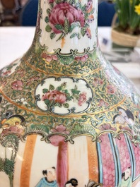 A Chinese Canton famille rose covered bottle vase and a teapot, 19th C.