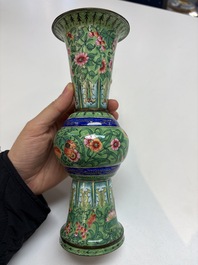 A Chinese Canton enamel green-ground three-piece altar set, 19th C.