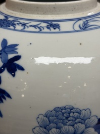 A Chinese blue and white 'Pheasants among Flowering Branches' jar and cover, 19th C.