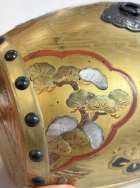 A Japanese Shibayama lacquer taiko drum-shaped casket on its original stand, Taisho, 19/20th C.