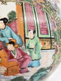 A Chinese Canton famille rose covered bottle vase and a teapot, 19th C.