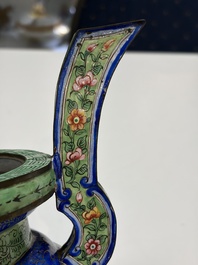 A Chinese Canton enamel green-ground three-piece altar set, 19th C.