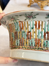 A Chinese Canton famille rose reticulated basket on stand and a gilt-bronze-mounted bowl, 19th C.